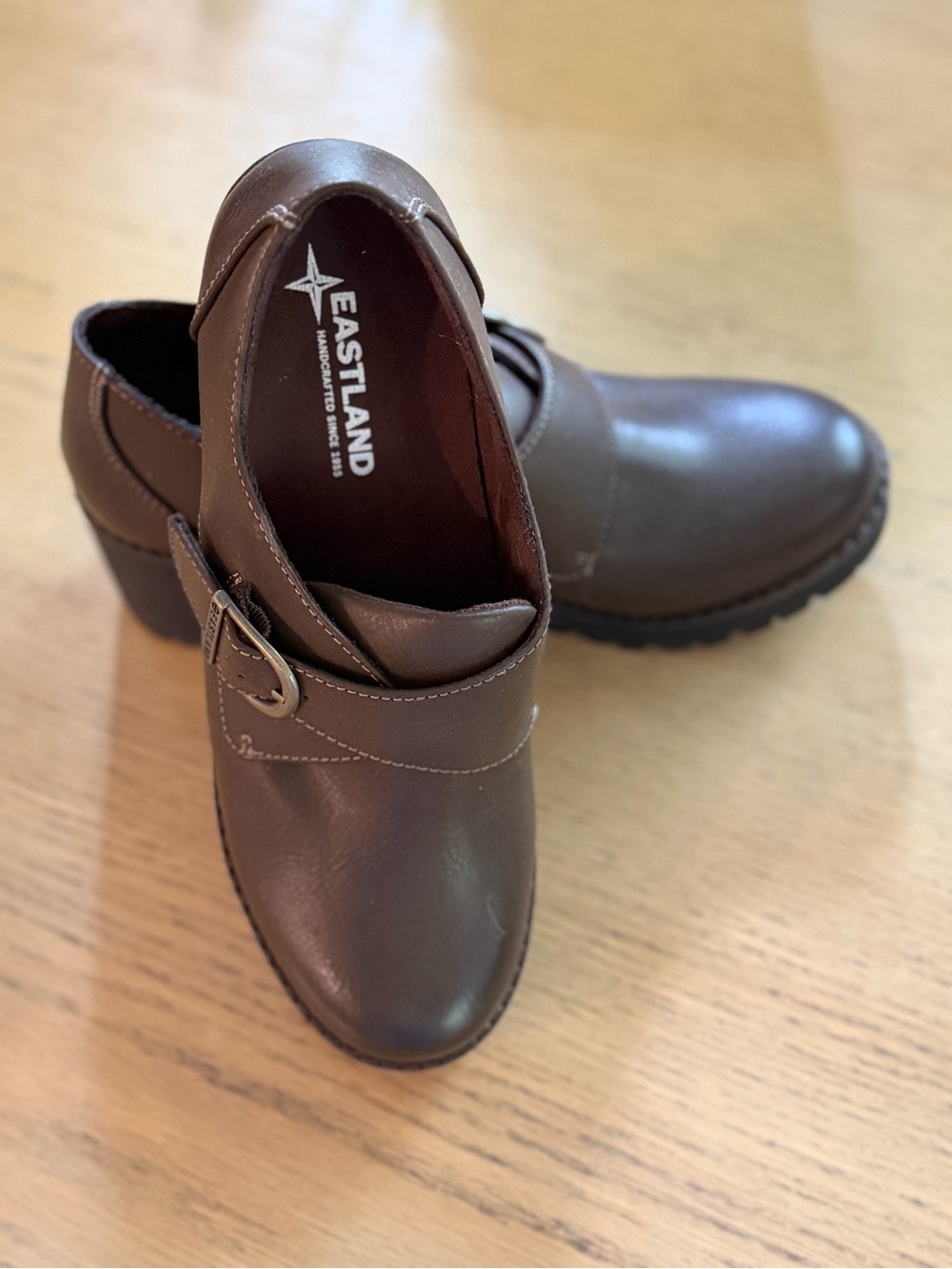 NWOB Eastland Brown Leather Slip-On Loafers with Buckle Accent